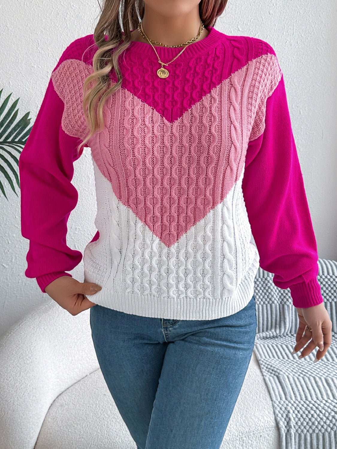 Contrast Round Neck Long Sleeve Sweater - Rochelle's House LLC