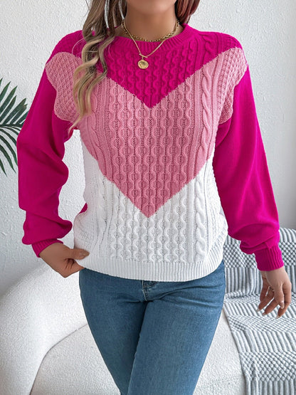 Contrast Round Neck Long Sleeve Sweater - Rochelle's House LLC