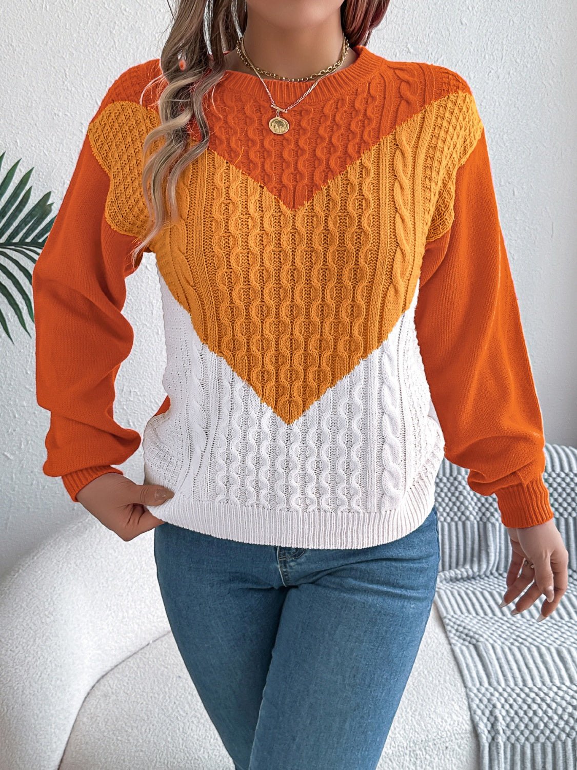 Contrast Round Neck Long Sleeve Sweater - Rochelle's House LLC