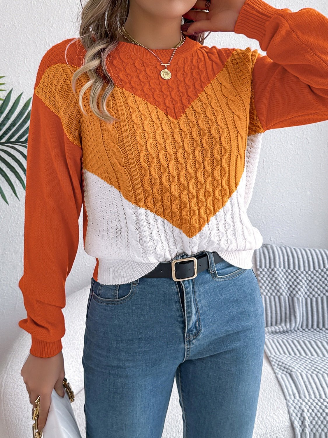 Contrast Round Neck Long Sleeve Sweater - Rochelle's House LLC