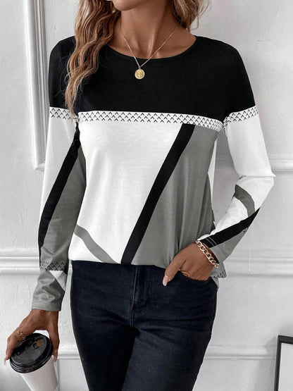 Front view of Contrast Round Neck Long Sleeve T-Shirt in Sky Blue showing neckline and sleeve details (95% polyester)