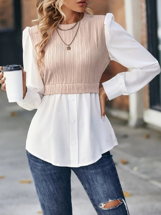 Front view of Contrast Round Neck Puff Sleeve Blouse in Blush Pink showing neckline and sleeve details