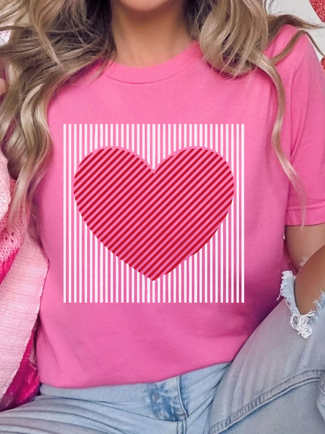 Contrast Striped Heart Printed Valentines Day T Shirt - Rochelle's House LLC