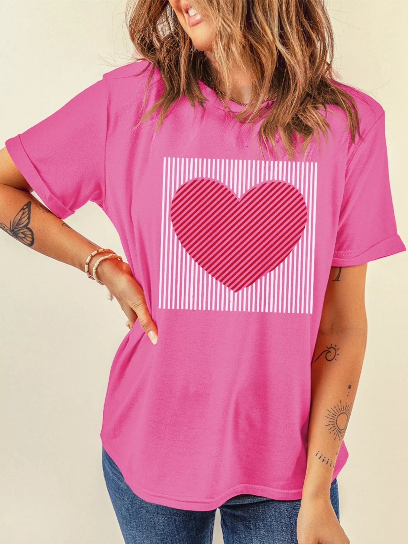 Contrast Striped Heart Printed Valentines Day T Shirt - Rochelle's House LLC