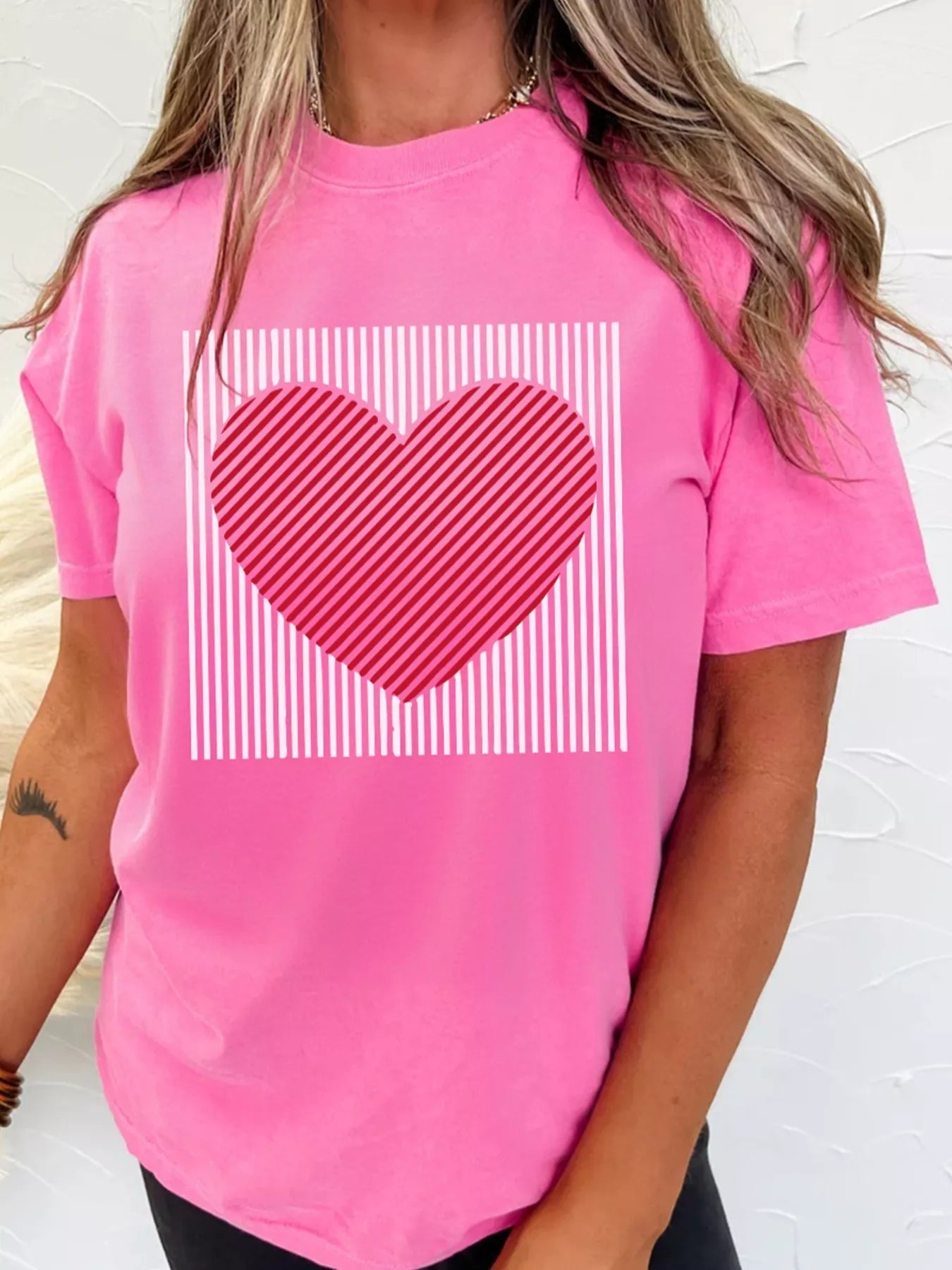 Contrast Striped Heart Printed Valentines Day T Shirt - Rochelle's House LLC