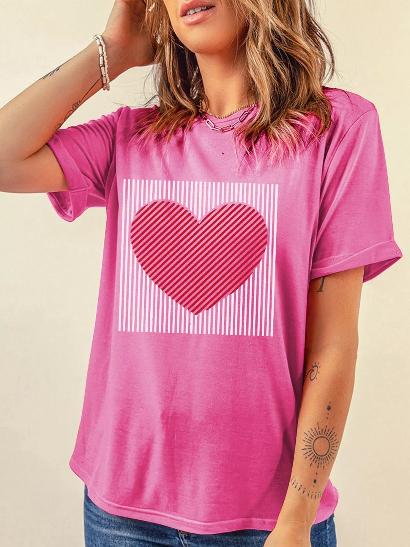 Contrast Striped Heart Printed Valentines Day T Shirt - Rochelle's House LLC
