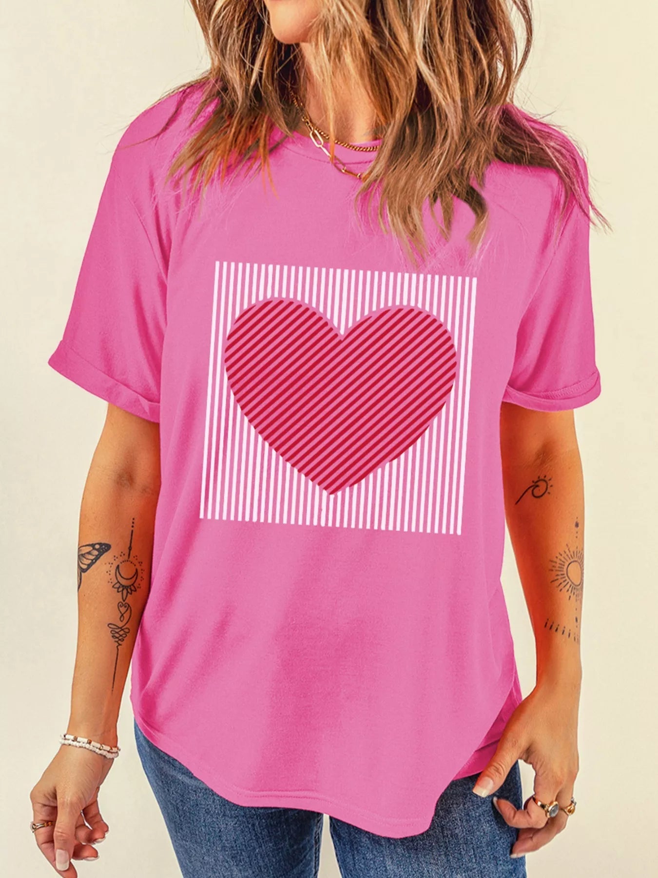 Contrast Striped Heart Printed Valentines Day T Shirt - Rochelle's House LLC