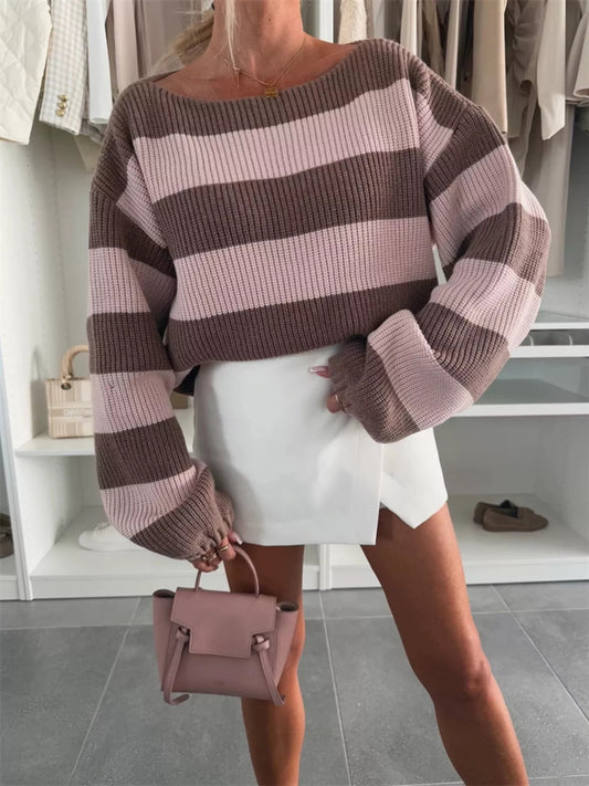 Front view of Contrast Striped Long Sleeve Sweater in Pink Brown showing neckline and sleeve details (100% polyester)