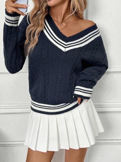 Front view of Contrast Striped V-Neck Sweater in Dark Blue showing neckline and sleeve details