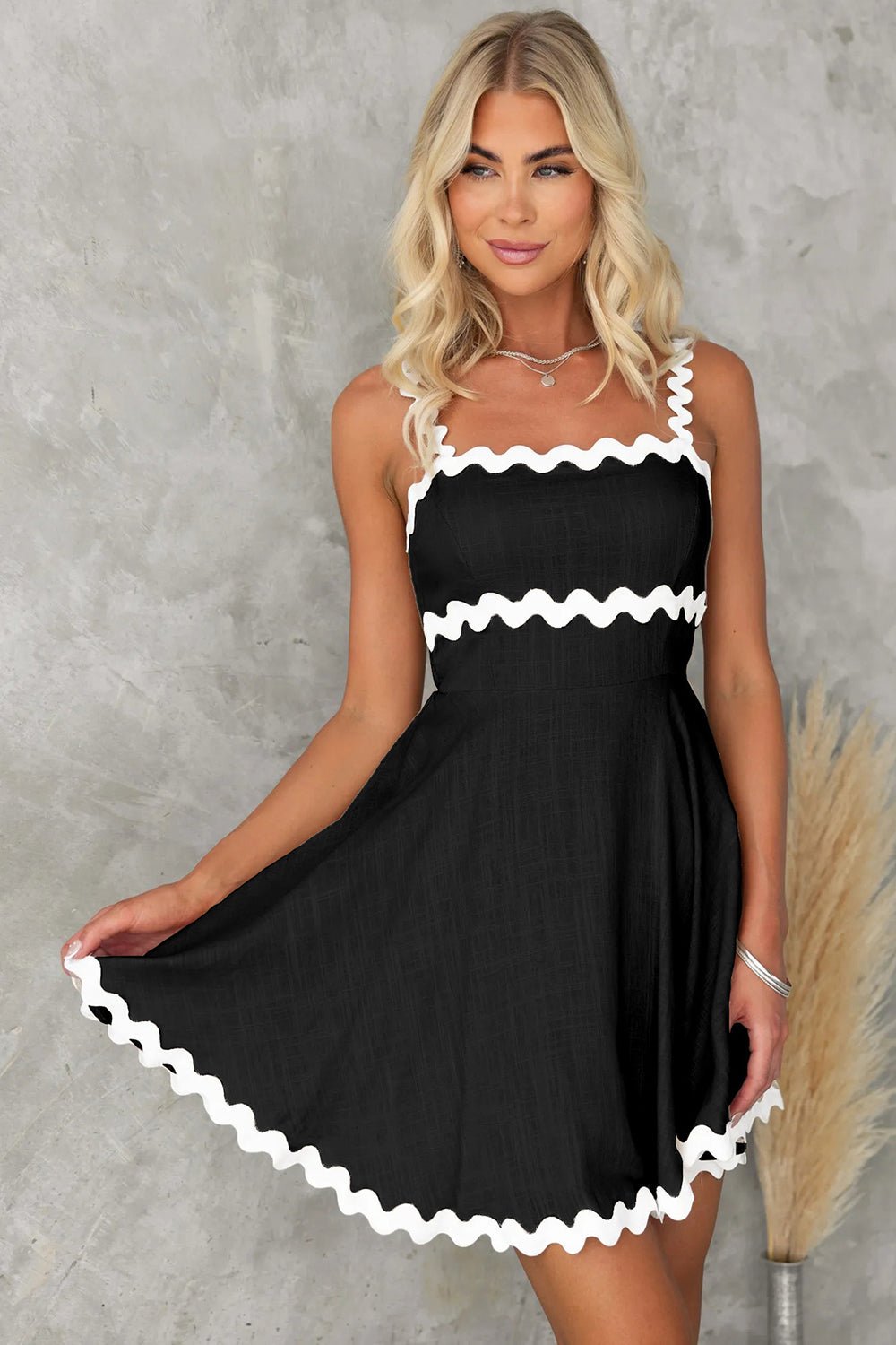 Contrast Trim Square Neck Mini Dress - Rochelle's House LLC