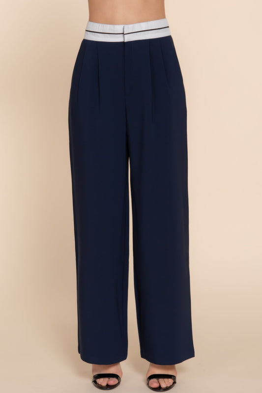 Front view of Contrast Waistband Straight Long Pants showing neckline and sleeve details (90% polyester and)