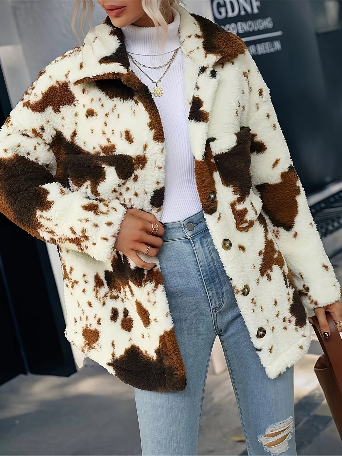 Cow Print Collared Neck Button Up Fuzzy Jacket - Rochelle's House LLC