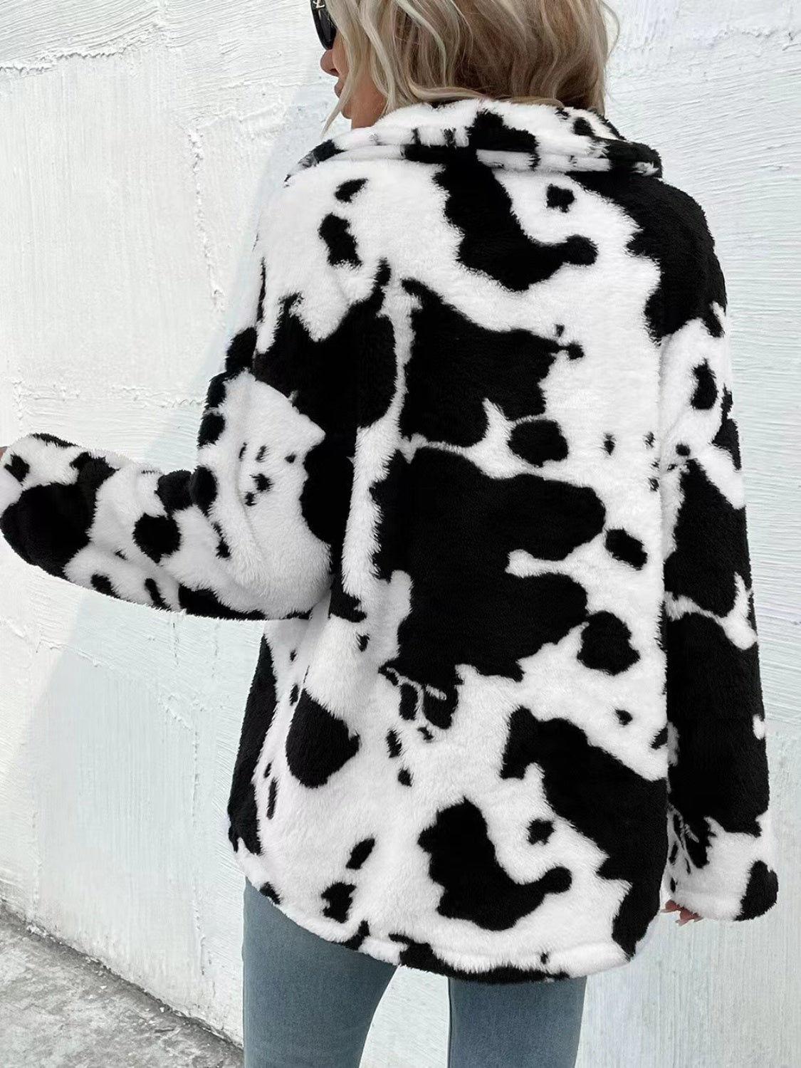 Cow Print Collared Neck Button Up Fuzzy Jacket - Rochelle's House LLC