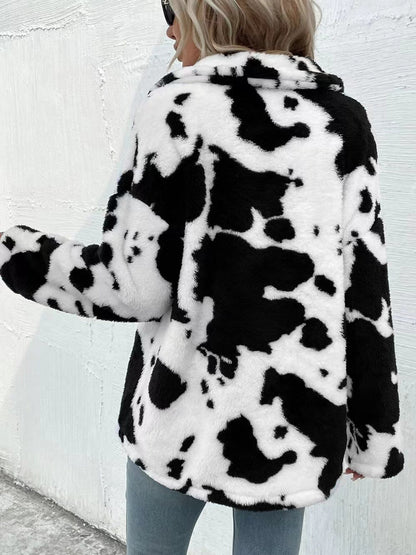Cow Print Collared Neck Button Up Fuzzy Jacket - Rochelle's House LLC