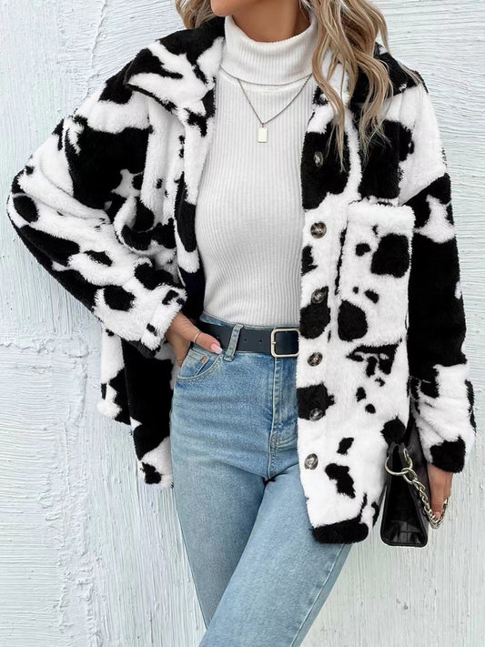 Cow Print Collared Neck Button Up Fuzzy Jacket - Rochelle's House LLC