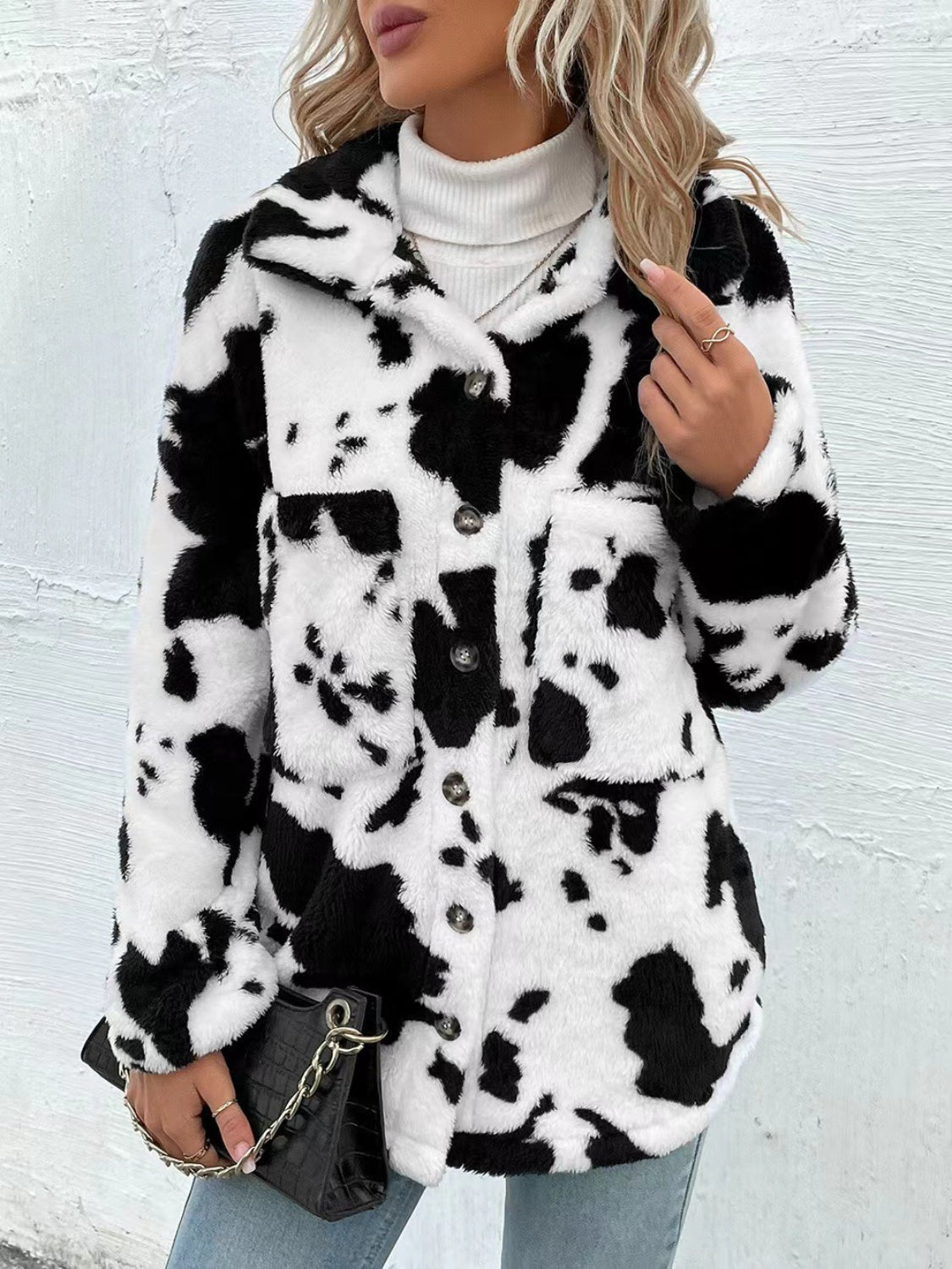 Cow Print Collared Neck Button Up Fuzzy Jacket - Rochelle's House LLC