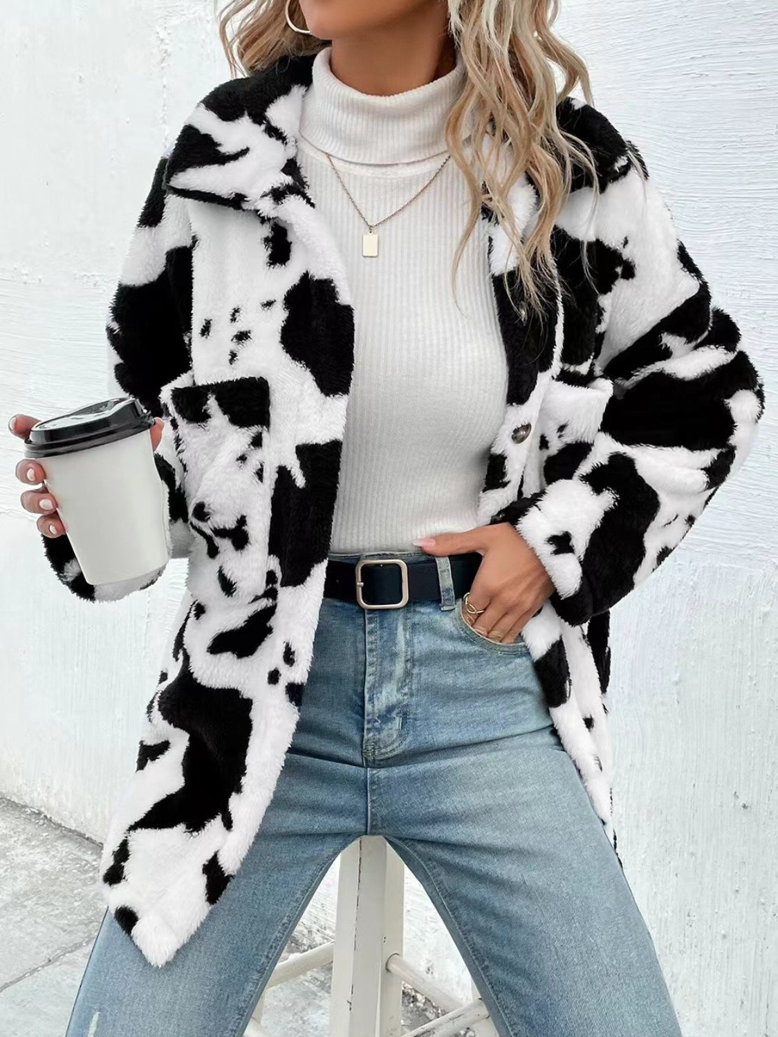 Cow Print Collared Neck Button Up Fuzzy Jacket - Rochelle's House LLC