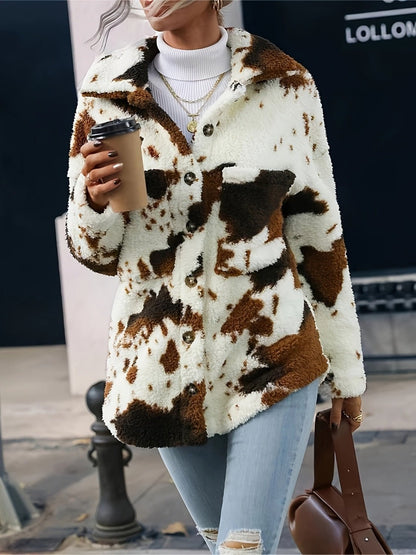 Cow Print Collared Neck Button Up Fuzzy Jacket - Rochelle's House LLC