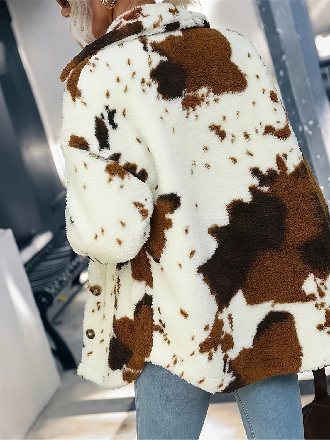 Cow Print Collared Neck Button Up Fuzzy Jacket - Rochelle's House LLC