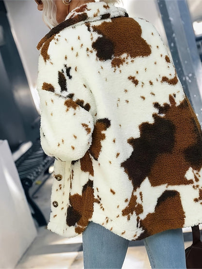 Cow Print Collared Neck Button Up Fuzzy Jacket - Rochelle's House LLC