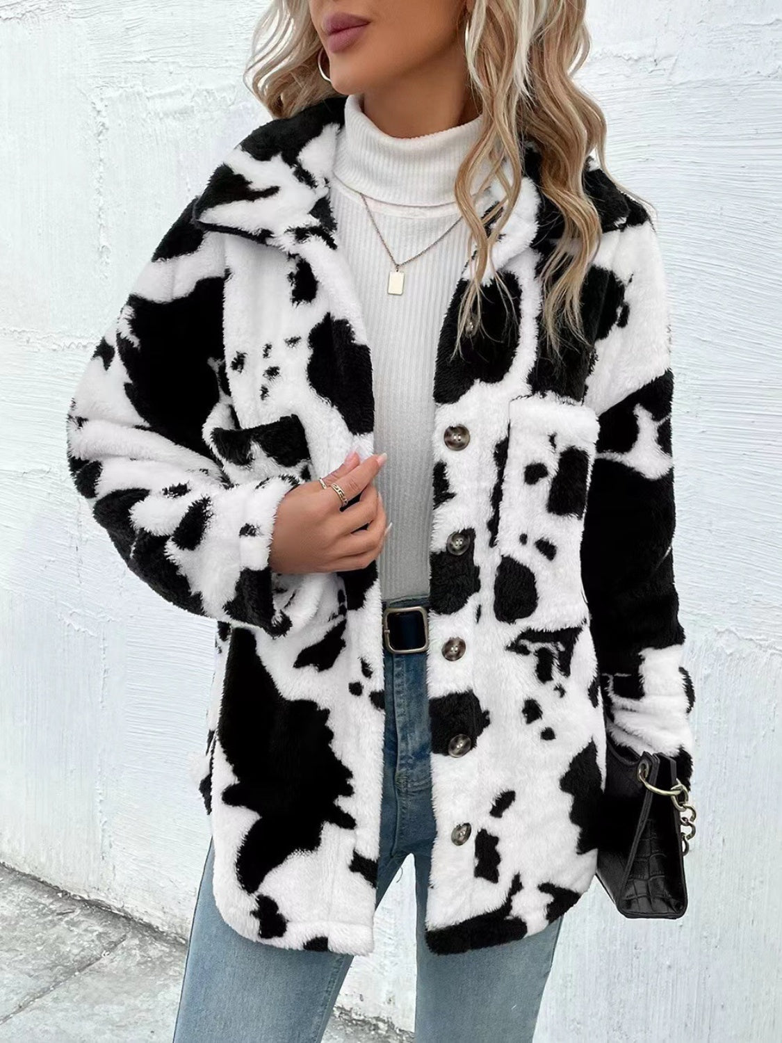 Cow Print Collared Neck Button Up Fuzzy Jacket - Rochelle's House LLC