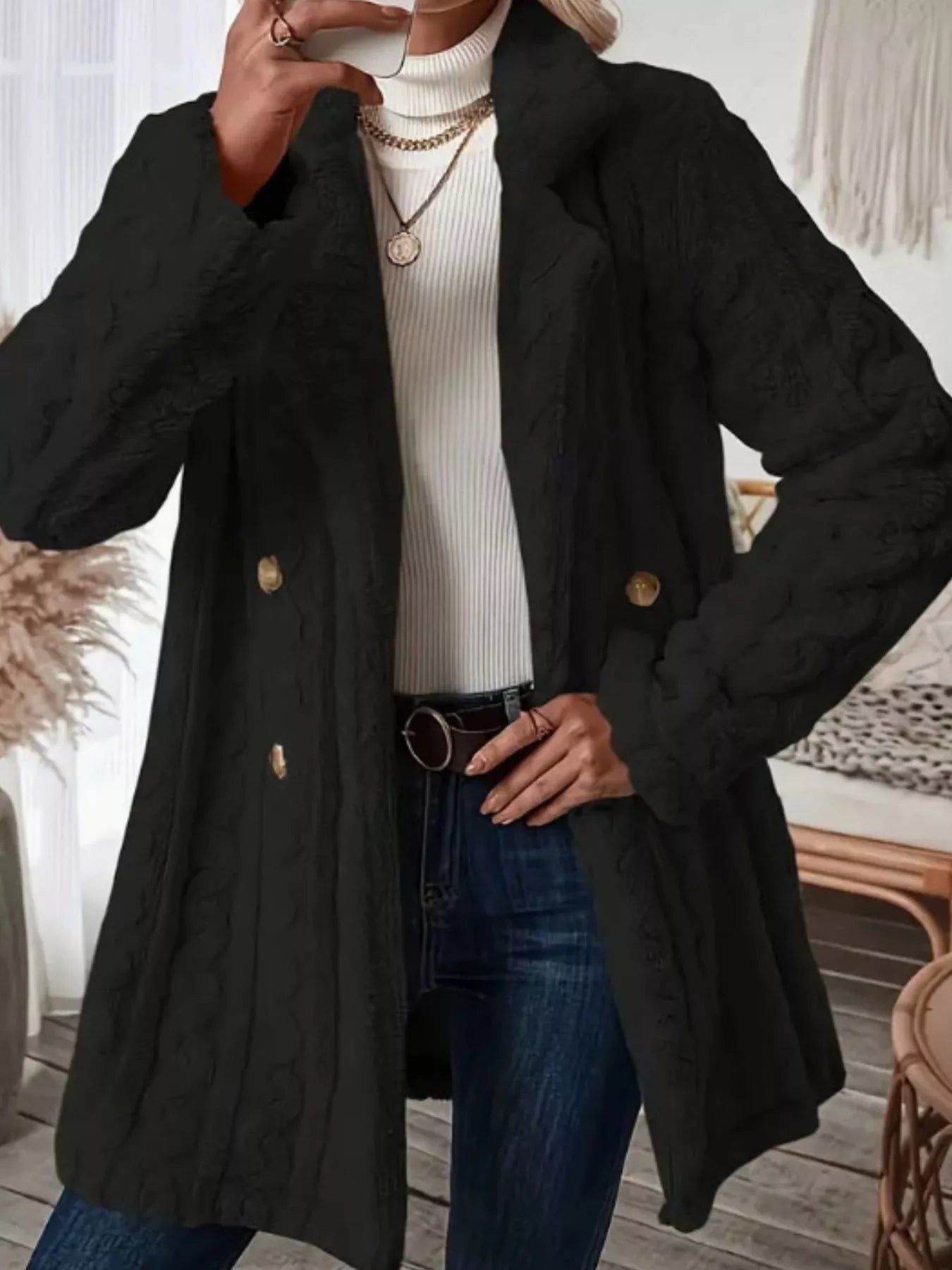 Cozy Faux Shearling Double - Breasted Outerwear - Rochelle's House LLC