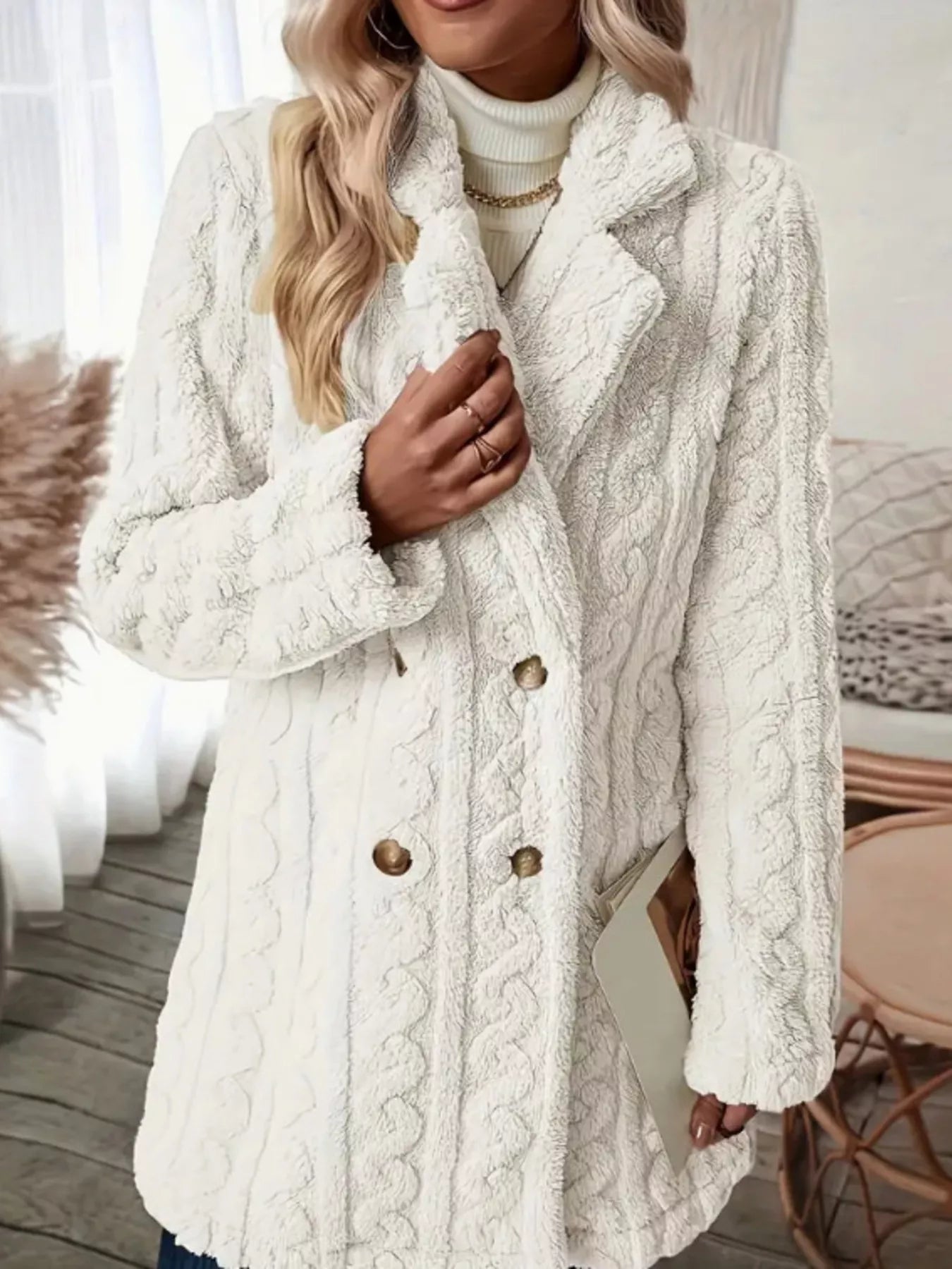 Cozy Faux Shearling Double - Breasted Outerwear - Rochelle's House LLC