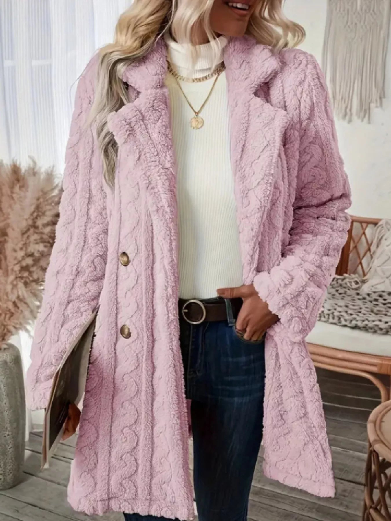 Cozy Faux Shearling Double - Breasted Outerwear - Rochelle's House LLC