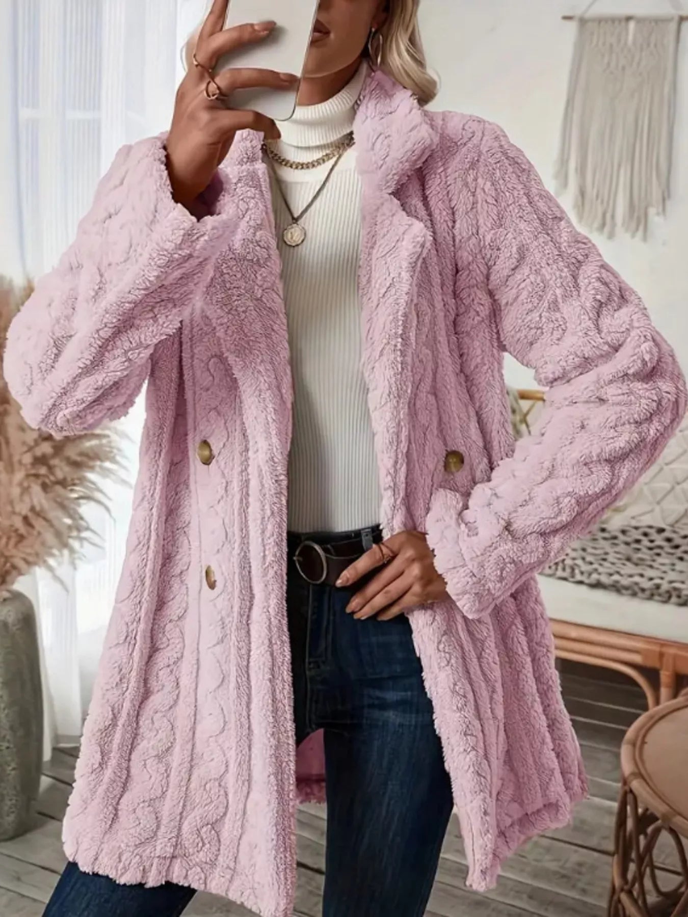 Cozy Faux Shearling Double - Breasted Outerwear - Rochelle's House LLC