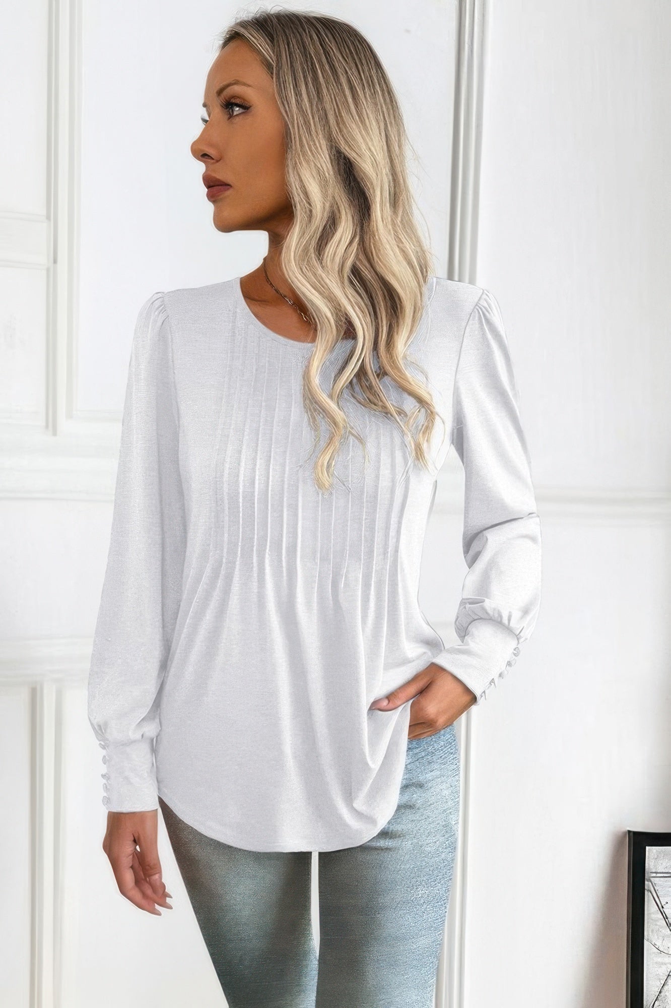 Crew Neck Pleated Long Puff Lantern Sleeve Knit Shirt - Rochelle's House LLC