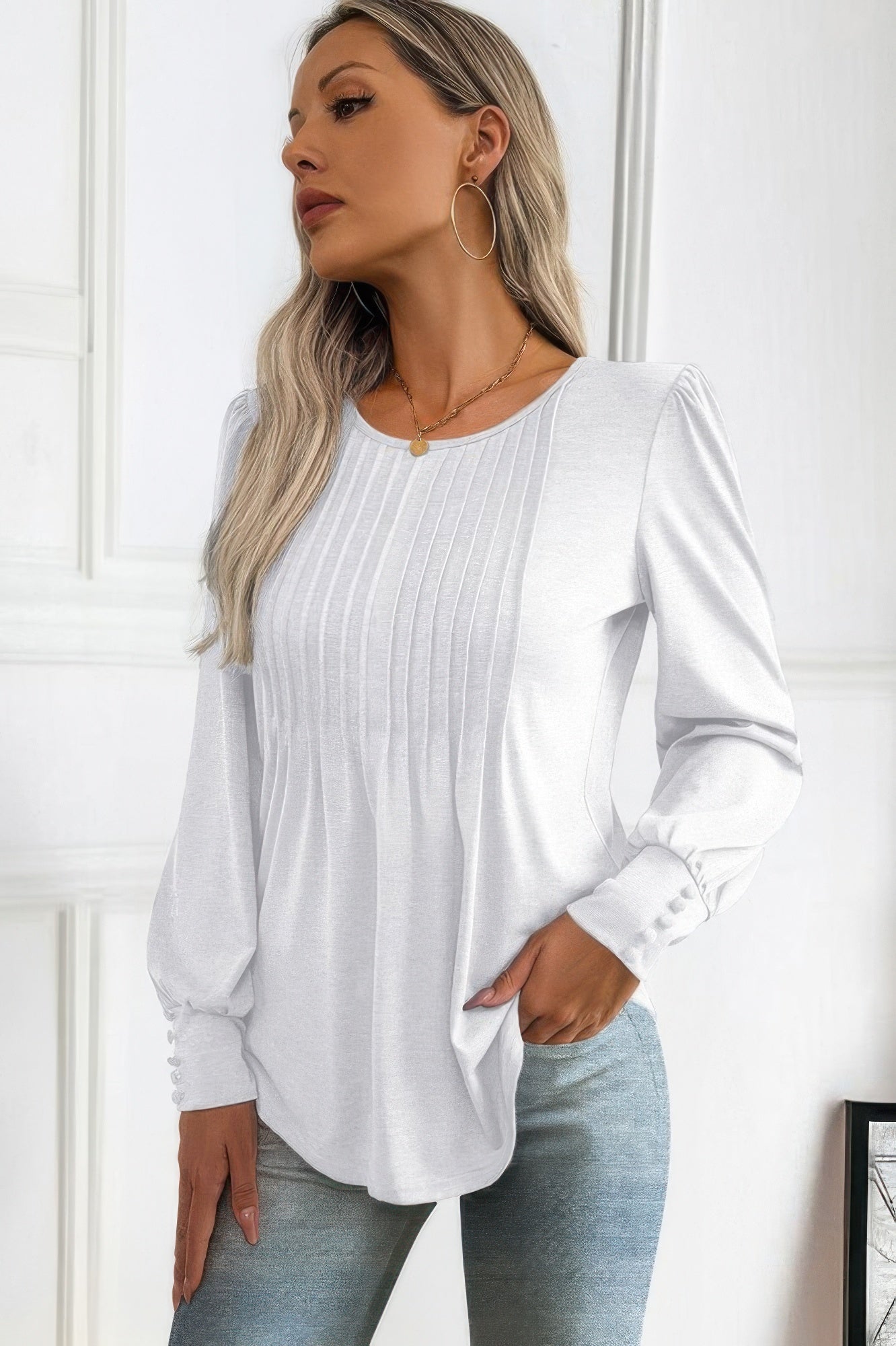 Crew Neck Pleated Long Puff Lantern Sleeve Knit Shirt - Rochelle's House LLC