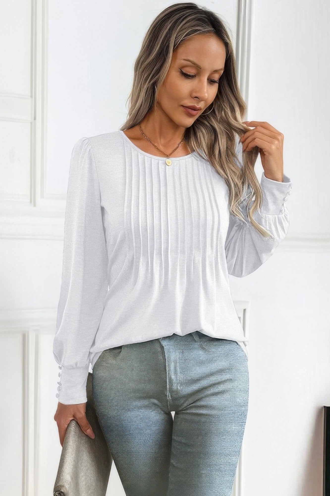 Crew Neck Pleated Long Puff Lantern Sleeve Knit Shirt - Rochelle's House LLC