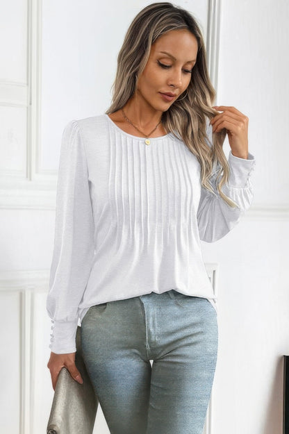 Crew Neck Pleated Long Puff Lantern Sleeve Knit Shirt - Rochelle's House LLC