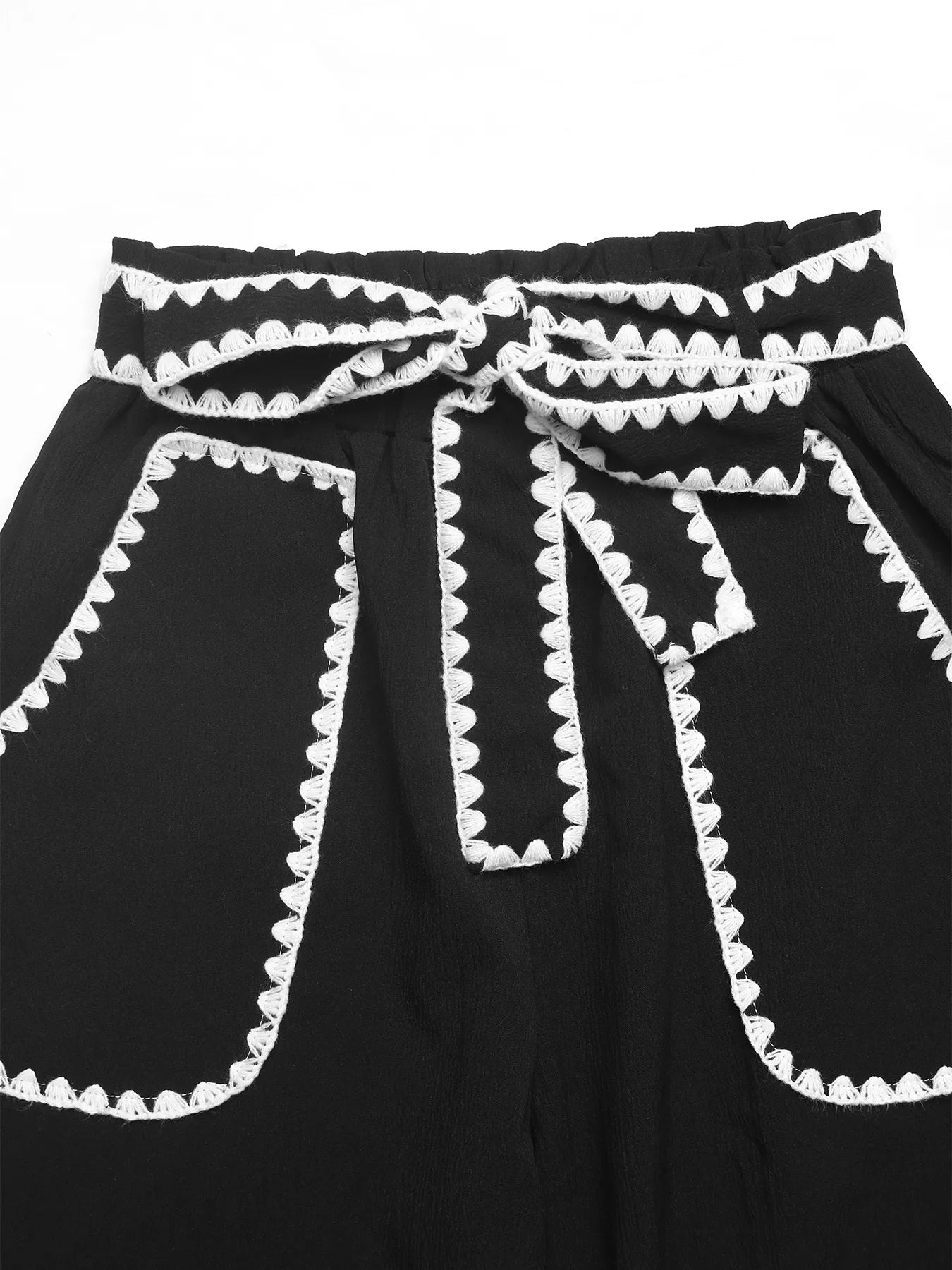 Crochet Trim Tie Waist Wide Leg Pants - Rochelle's House LLC