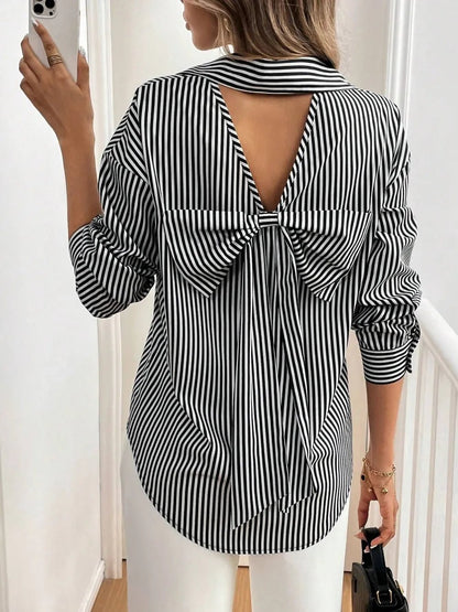 Front view of Cutout Bow Back Striped Collared Neck Long Sleeve Shirt in Black showing neckline and sleeve details