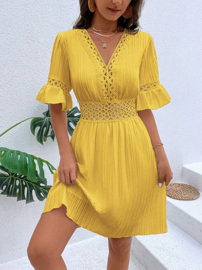 Cutout V - Neck Flounce Sleeve Mini Dress - Rochelle's House LLC
