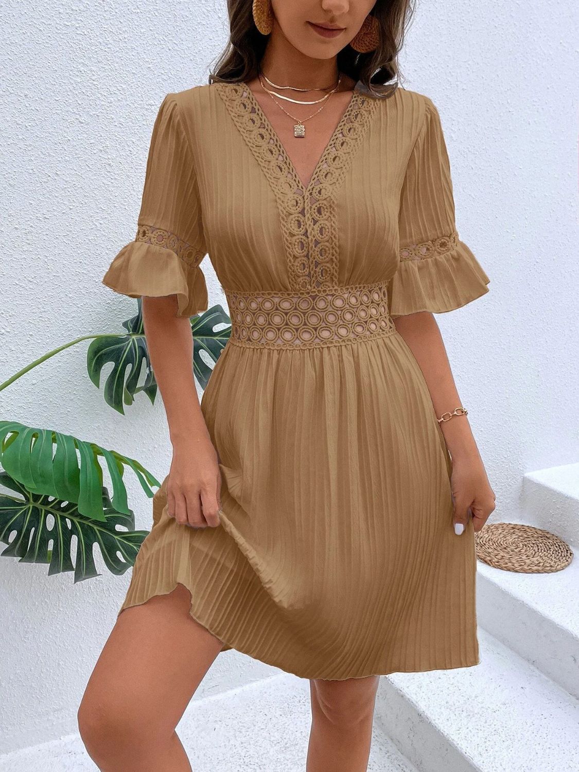 Cutout V - Neck Flounce Sleeve Mini Dress - Rochelle's House LLC