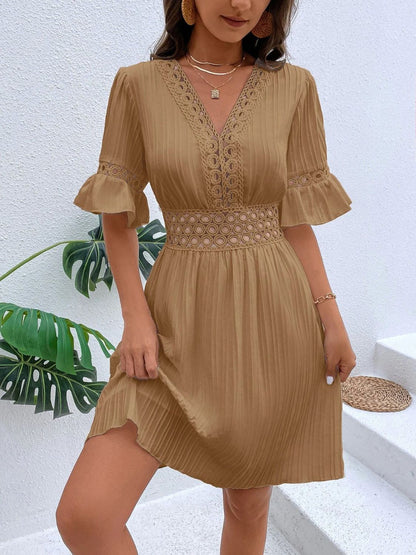 Cutout V - Neck Flounce Sleeve Mini Dress - Rochelle's House LLC