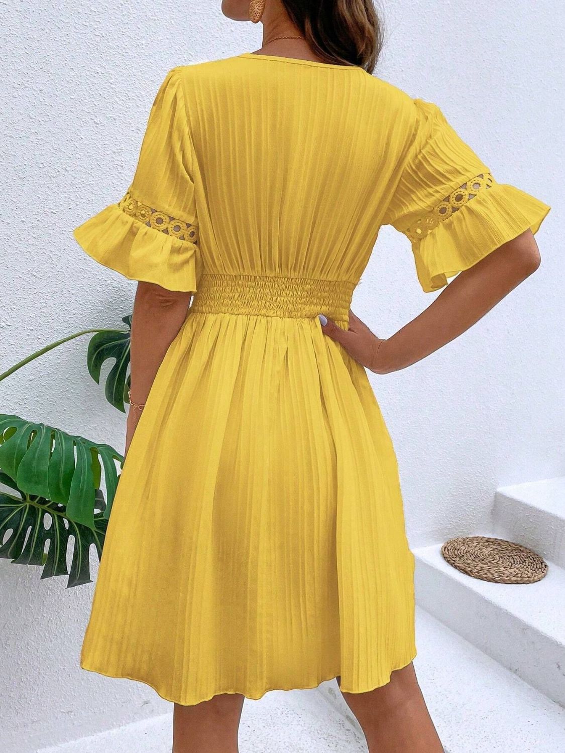 Cutout V - Neck Flounce Sleeve Mini Dress - Rochelle's House LLC