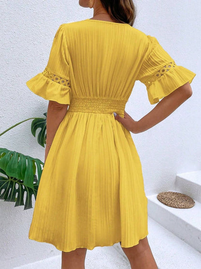 Cutout V - Neck Flounce Sleeve Mini Dress - Rochelle's House LLC