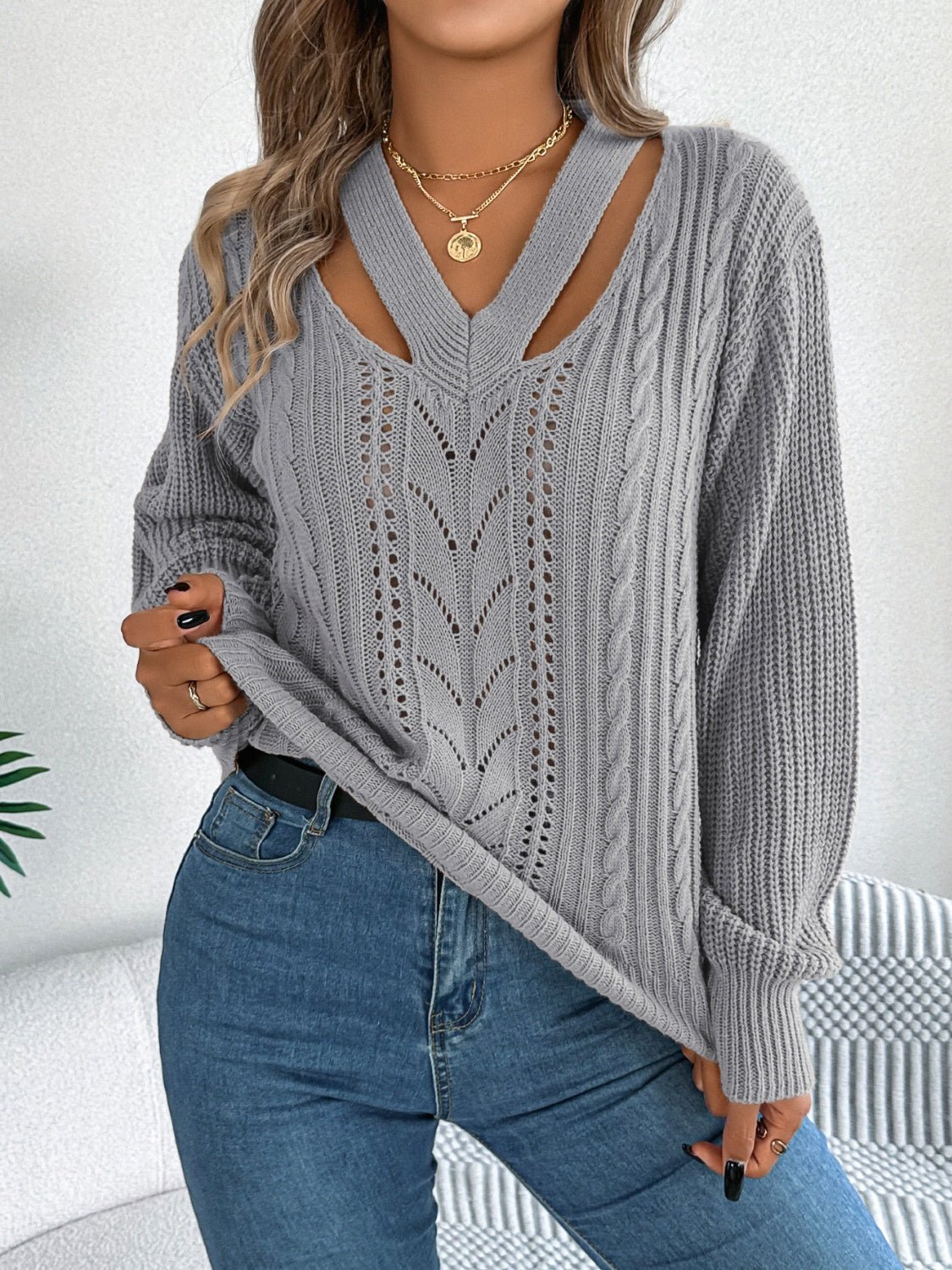 Cutout V - Neck Long Sleeve Sweater - Rochelle's House LLC