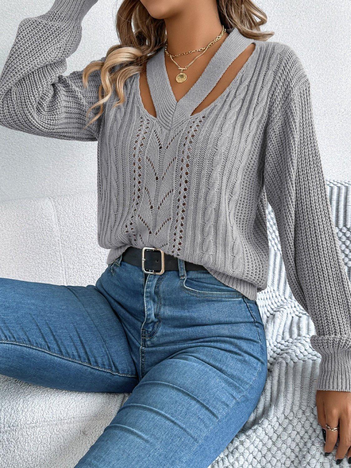 Cutout V - Neck Long Sleeve Sweater - Rochelle's House LLC