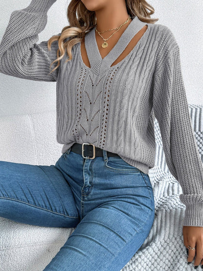 Cutout V - Neck Long Sleeve Sweater - Rochelle's House LLC