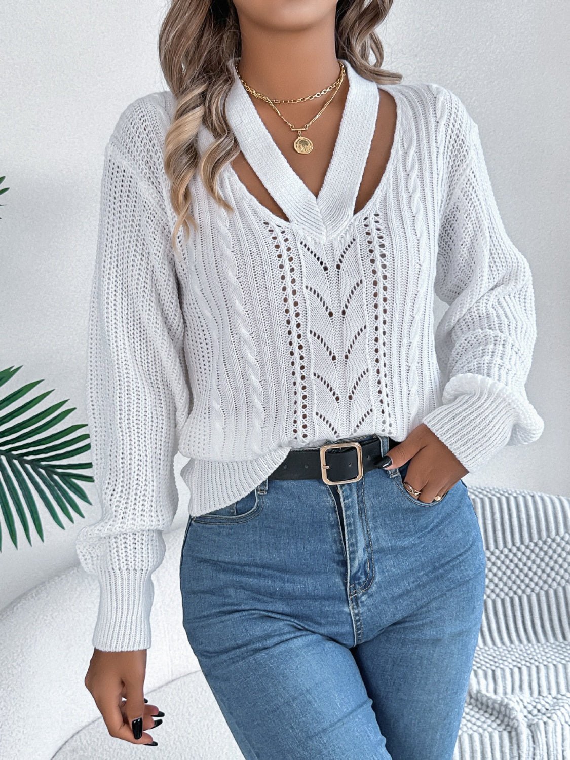 Cutout V - Neck Long Sleeve Sweater - Rochelle's House LLC
