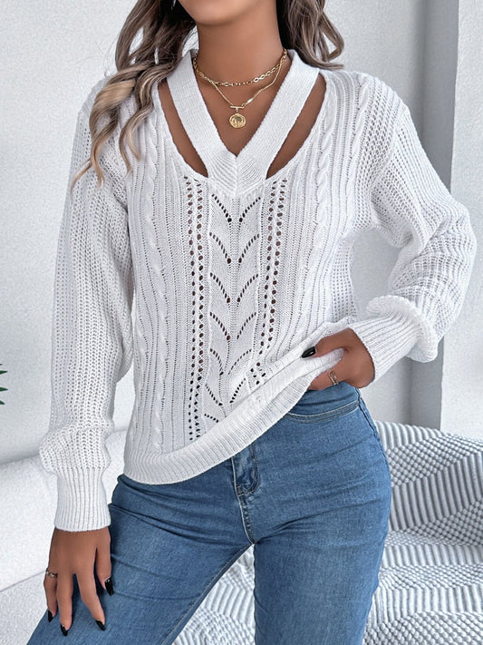 Cutout V - Neck Long Sleeve Sweater - Rochelle's House LLC