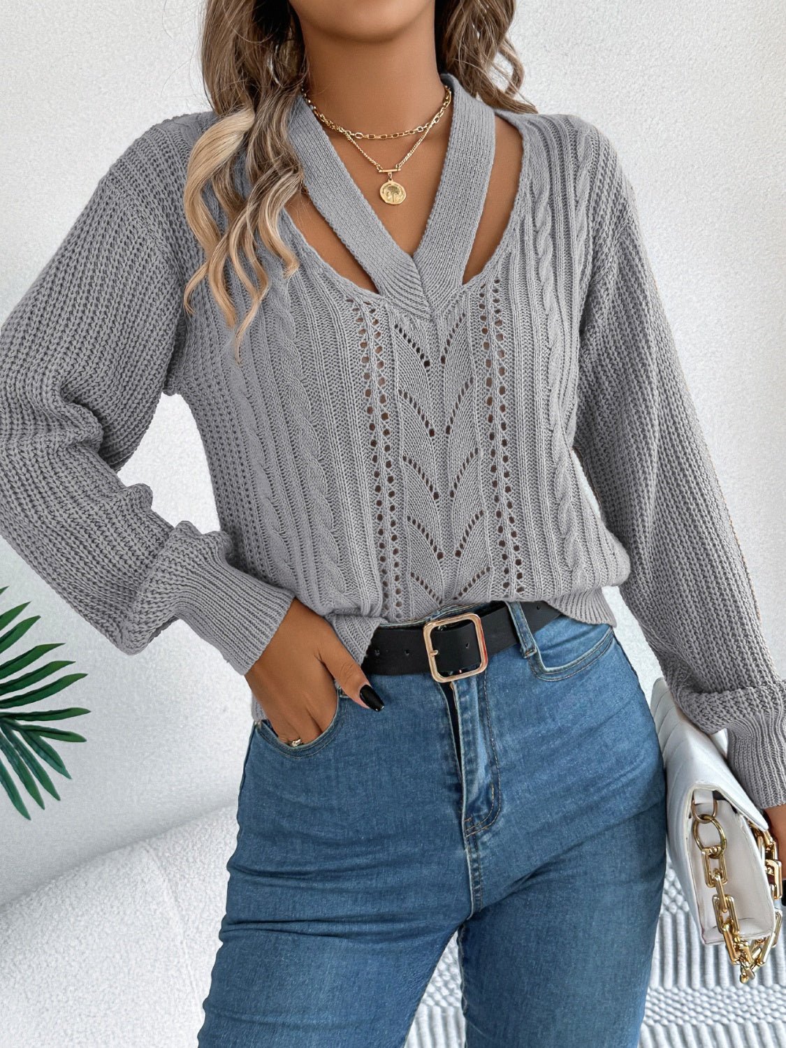 Cutout V - Neck Long Sleeve Sweater - Rochelle's House LLC