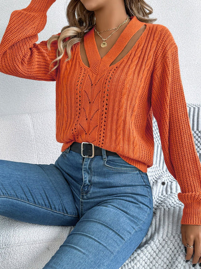 Cutout V - Neck Long Sleeve Sweater - Rochelle's House LLC
