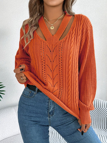 Cutout V - Neck Long Sleeve Sweater - Rochelle's House LLC