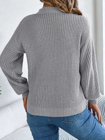 Cutout V - Neck Long Sleeve Sweater - Rochelle's House LLC