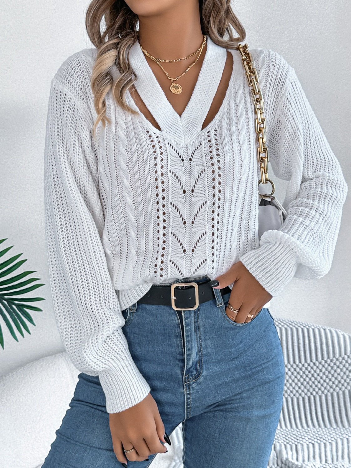 Cutout V - Neck Long Sleeve Sweater - Rochelle's House LLC